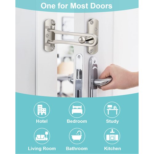Door Lock Latch for Home Security - Swing Bar Door Guard for Front and Inside Door, Safety Childproof Reinforcement Door Stopper for Kids Home Hotel Apartment, Thicken Aluminium Alloy Satin Nickel (1)