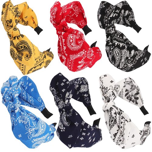 TOBATOBA Bandana Headband, 6Pcs Knotted Bow Headbands for Women Elastic Paisley Headband Vintage Rabbit Ear Bow Headband Wide Top Knot Headband Turban Headwraps Cute Hair Band for Women Girls