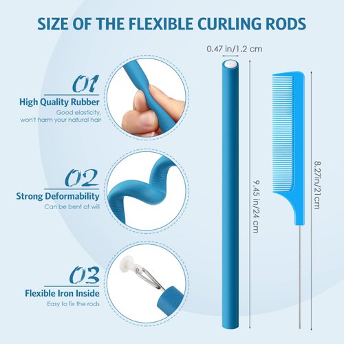 60 Pieces Flexi Rods Flexible Curling Rods Hair Curlers Rollers Twist Flexi Rods Hair Curlers Set No Heat Hair Rods Rollers Flexible Rods for Long Short Hair Women Girls (Blue, 0.5 x 9.5 Inch)
