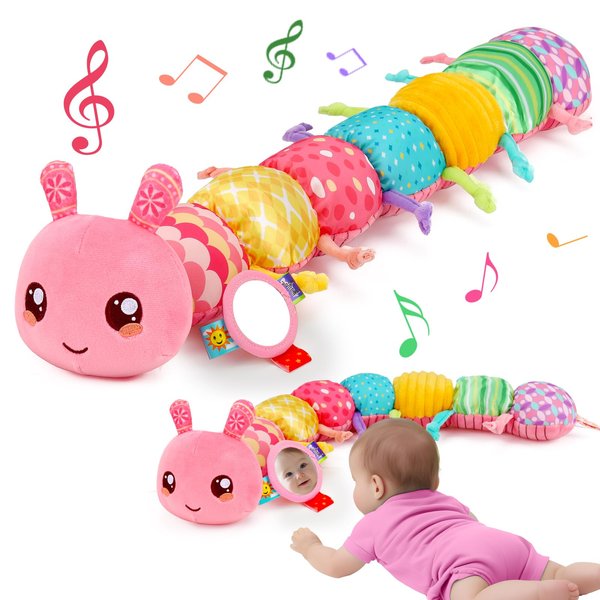 Baby Girls Toys 0-6 Months Tummy Time Musical Stuffed Animal Caterpillar Toy for Infant 0-3 3-6 Months Sensory Toy with Mirror Crinkle Rattle Newborn First Birthday Gifts for 3 4 5 6-12 Month Old Boys