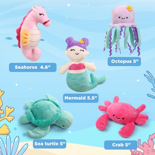 BenBen Ocean Stuffed Animal, 5 Pack Small Sea Creature Plush Toys and Shell Carrying Bag Set, Cute Plushies for Baby Kids, Sea Turtle, Octopus, Mermaid, Seahorse, Crab, Baby Shower, Stocking Stuffers