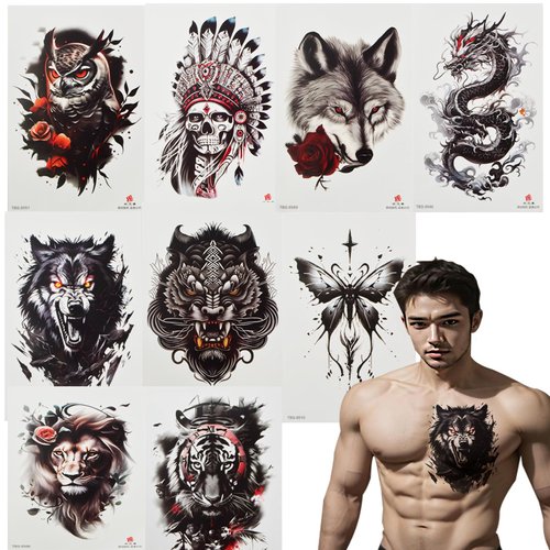 9 Sheets Temporary Tattoos, Half Arm Chest Wild Beast Animal Lion Cat Owl Parrot Fake Tattoo Stickers Realistic Body Semi Permanent Temporary Tattoos for Adults Teens, 9 Styles