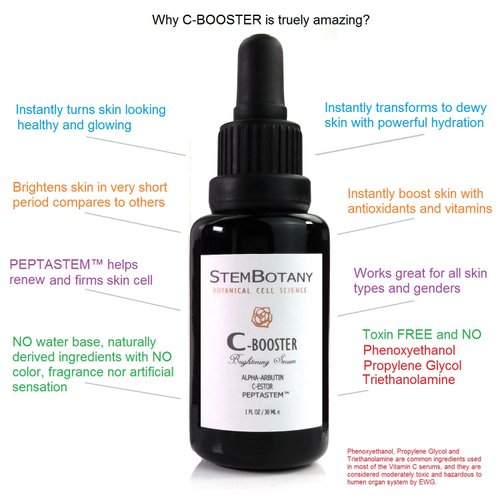 STEMBOTANY Stem Cell Vitamin C-Booster 30% with C+E Ferulic Acid, C-Ester, Hyaluronic Acid, Alpha-Arbutin and Patent Pending PEPTASTEM™ (Peptide 1,5,7,8 & Orange Stem Cell) with 70% Organic Face Serum