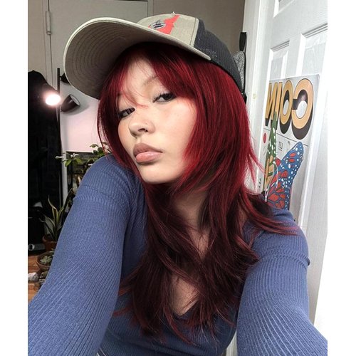 vedar Dark Rooted Red and Black Wig with Bangs, Shoulder Length Natural Straight Synthetic Ombre Red Wigs for Women, Halloween Black Red Wig 20 inch VEDAR-267