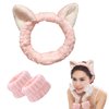 3-Pack Cat Ears Spa Headband and Wristband Set, Soft Plush Makeup Skincare Headband Wrist Bands, Cute Cat Ears Face Wash Headband and Towel Wristband Set for Women Girls Washing Face Skin Care(Pink)