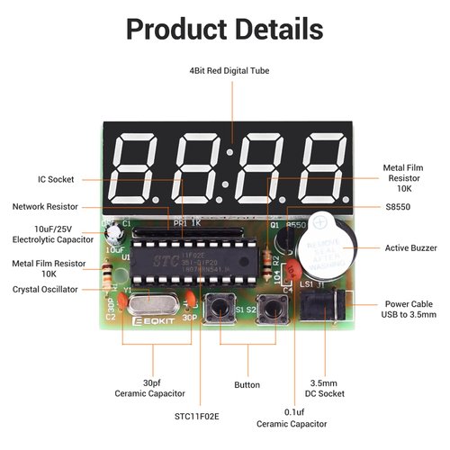 MiOYOOW 4-Digit Digital Clock Kits with PCB, DIY Alarm Clock Soldering Project Kit for Learning Electronics Soldering Practice with English Instructions