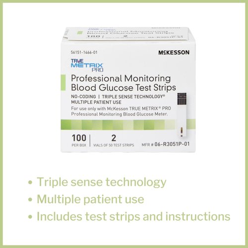 McKesson True METRIX PRO Professional Monitoring Blood Glucose Test Strips - No Coding, Triple Sense Technology, Multiple Patient Use - Vials of Strips, 100 Strips, 4 Packs, 400 Total