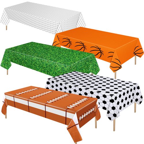 Preboun 5 Pcs Sports Themed Birthday Party Supplies Green Plastic Tablecloth Soccer Basketball Golf Football Grass Field Disposable Plastic Table Cover Sports Party Decorations for Stadium 54 x 108 in