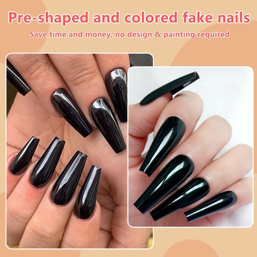 EternalClassic 120pcs Press on Nails Long Coffin, Black Fake Nails Long Ballerina Acrylic Nails Press on Coffin Tips Artificial False Nails with Adhesive Tabs for Women Girls