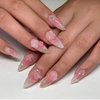 Press on Nails Medium Almond Pink Gradient Fake Nails Full Cover 5D Rose Butterfly False Nails with Pearl Designs Gold Swirl Glossy Glue on Nails Acrylic Nails Artificial Nails for Women Girls 24Pcs