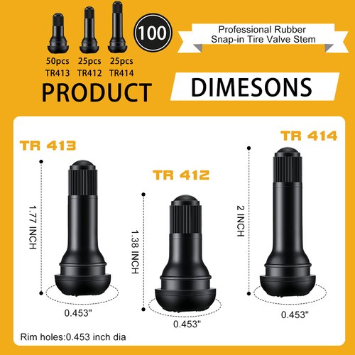 Frienda 100 Pcs Tire Valve Stems TR412 TR413 TR414 Rubber Black Rubber Snap-in Valve Stems Standard Length Replacement Tire Valve Stems for Car Tubeless Rim Holes Replacement