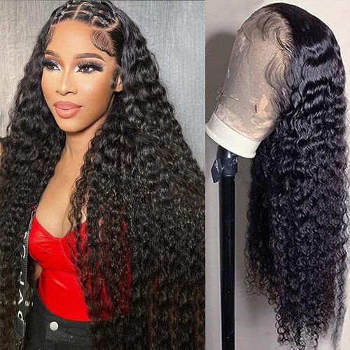 Meet Naive Deep Wave Lace Front Wigs Human Hair 200% Density 13x4 HD Transparent Frontal Wigs Human Hair for Women Deep Curly Glueless Wigs Human Hair Pre Plucked with Baby Hair Natural Black 22 Inch
