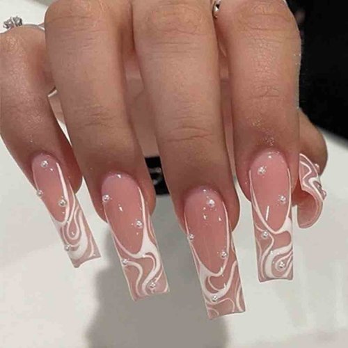 Foccna Square Press on Nails Long, Pearl Pink Fake Nails Acrylic False Nails,Artificial Nails for Women and Girls 24 pcs 