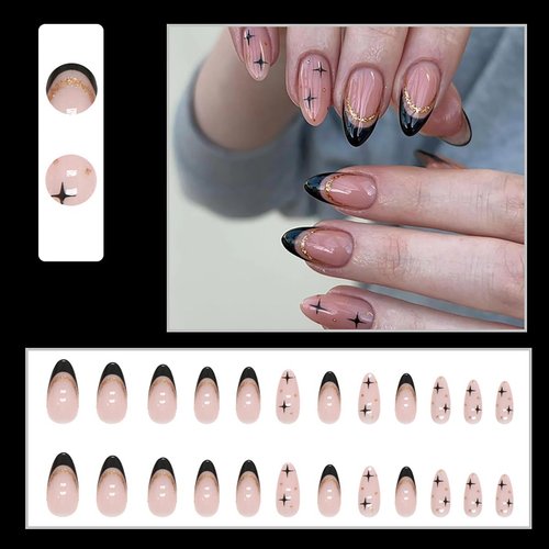24Pcs Black French Tip Press on Nails Almond Pointed Fake Nails Gold Glitter Line Design Acrylic Glue on Nails Star Short Fake Nails Glossy Full Cover False Nails for Women Girls Manicure Supplies