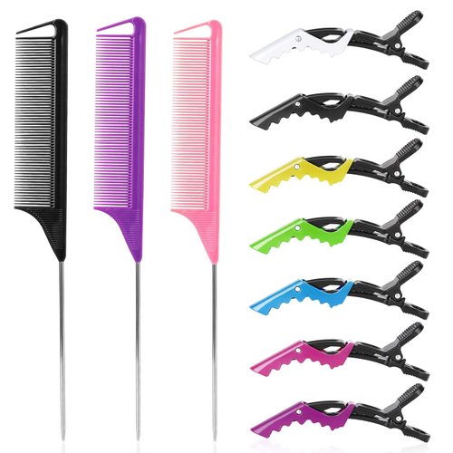 10Packs Rat Tail Comb Hair Clips Set，3Pcs Rat Tail Combs，Parting Comb and 7Pcs Alligator Styling Sectioning Clips of Professional Hair Salon Quality(Black,Purple,Pink)