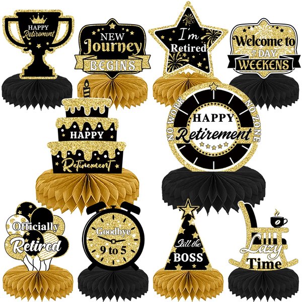 10PCS Retirement Party Decorations，Retirement Honeycomb Centerpieces Gold and Black Retirement Table Decorations for Happy Retirement Party Supplies Man and Women