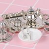 24 Pieces 1:12 Miniature Tea Set Metal Mini Teapot Tiny Tea Cup Mini Doll Plates Knife Fork Spoon Miniature Dollhouse Accessories for Dollhouse