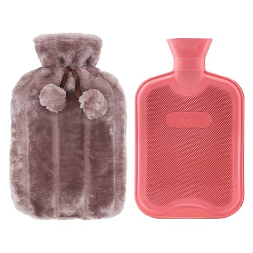 HomeTop Premium Classic Rubber Hot Water Bottle and Luxurious Faux Fur Plush Fleece Cover w/Pom Pom Decor (Nude Pink)