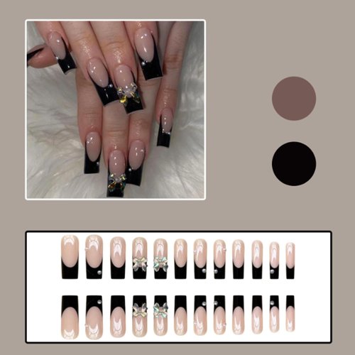 YoYoee Black French Nails Tips Ballerina False Nails Long Square Press on Nails Full Cover Acrylic Pearl Bow Fake Nails for Women and Girls 24PCS