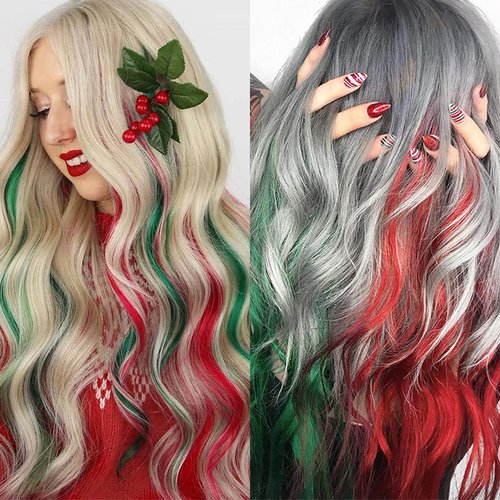 12 Pcs Red and Green Clip in Hair Extensions Long Straight Synthetic Hairpieces Christmas Women Festivals Party Supplies