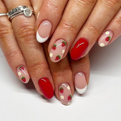 Pikabows Press On Nails Short Almond Red Strawberry Nude French Cute Fake Nails Acrylic False Nai...