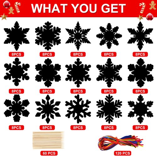 Whaline 120Pcs Christmas Snowflake Scratch Paper Art Rainbow DIY Scratch Art Set Magic Scratch Paper Off Cards with 120Pcs Ribbons and 60Pcs Wooden Styluses for Winter Crafts Ornaments Party Games
