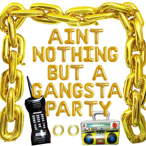 Aint Nothing But A Gangsta Party Balloon Banner Hip Hop Party Decorations Gold Jumbo Chain Balloons Inflatable Mobile Phone Radio Boombox Backdrop for 70s 80s 90s Hippie Retro Party Decor Supplies
