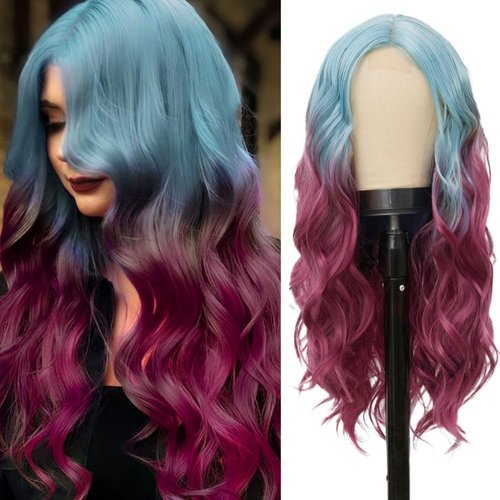 Siudus Blue and Purple Long Wigs for Women Curly Ombre Purple Natural 25In Synthetic Fiber Wig Heat Resistant Middle Part Hair Wigs for Halloween Cosplay Use（Lace front）