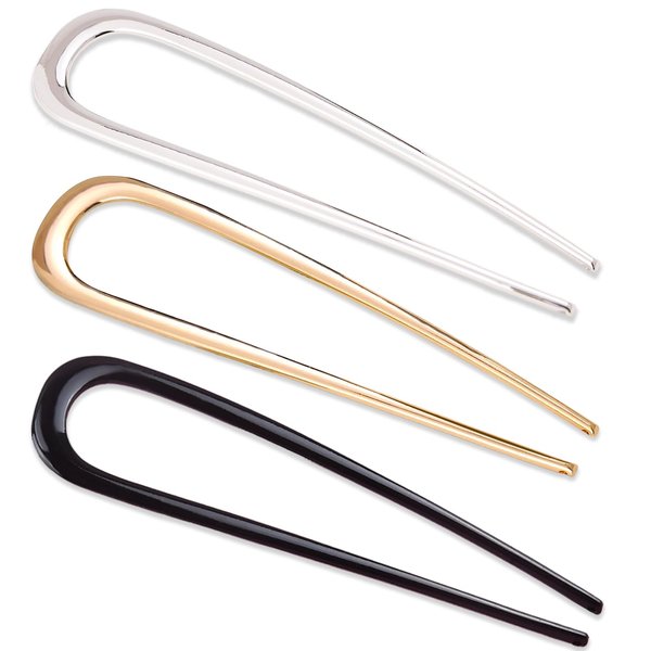 3 Pack French Hair Forks, U Shaped Hair Pins Tortoise Shell Clips Hairstyle Accessories Benefree Style Twist Hair Sticks Chignon Bun Hair Sticks for Women Girls (Gold + Silver + Black)
