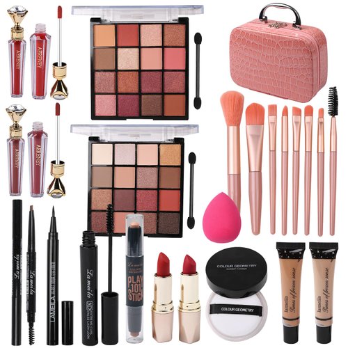 Delymol Makeup Kit for Teen Girls,All in One Makeup Kit for 2X16 Colors Eyeshadow Liquid Foundation Eyeliner Pencils Contouring Stick Lip Gloss Eyebrow Pencils 8Pcs Makeup Brushes etc (pink)