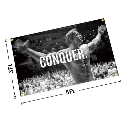OOOYIY Conquer Flag for Arnold Schwarzenegger 3×5 Feet Funny Poster Banner Wall Outdoor Hanging Flag with 4 Brass Grommets for College Dorm Room Decor