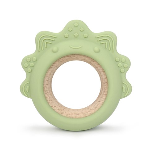 Arudyo Baby Teething Toys Silicone Teethers with Wooden Ring Baby Teether Sensory Toys (Dinosaur Green)