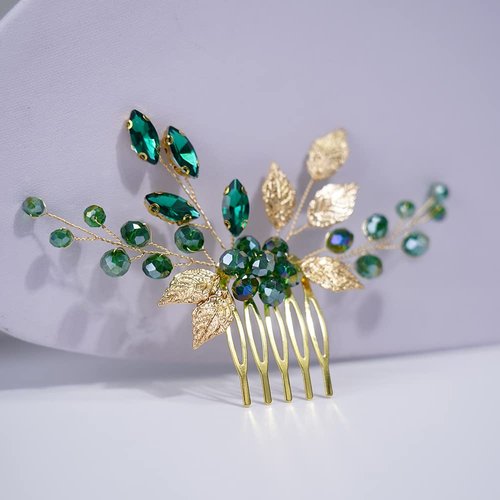 Teyglen Bridal Wedding Gold Hair Combs Green Flower Rhinestones Crystal Side Hair Comb Vintage Leaf Crystal Bride Hair Accessories for Women Girls
