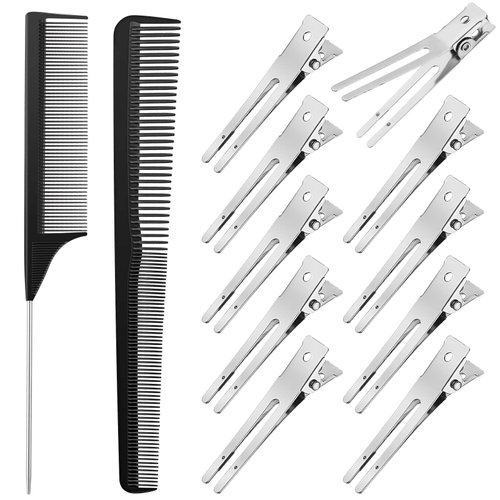 Patelai 52 Pcs Professional Comb Set Hair Combs for Women Men Include Rat Tail Combs Taper Hair Comb 50 Double Prong Curl Clips Carbon Fiber Hair Comb Set for All Hair Types Natural Curly(Black)