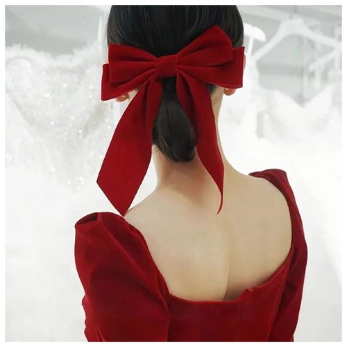 Allereyae Vintage Velvet Bow Hair Clip Barrette French Velvet Bow Head Clip Red Ribbon Bow Hair Barrette Headpieces Long Velvet Bow Hair Accessories for Women (Red)