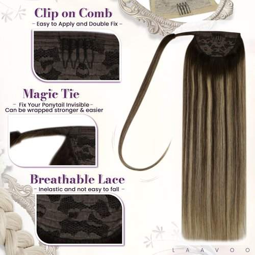 LaaVoo Hair Extensions Ponytail Real Human Hair Balayage Brown Fading to Caramel Blonde Highlights Human Hair Ponytail Extensions Ombre 18 Inch Clip in Hair Extensions Ponytail Straight 80g