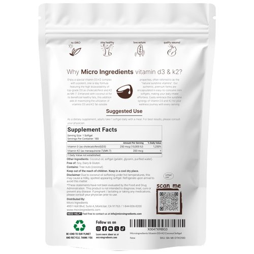 Micro Ingredients Vitamin D3 10,000 IU + K2 MK-7 200 mcg, 180 Softgels | Virgin Coconut Oil | 2-in-1 Bone, Immune & Heart Support | Easy to Swallow, Non-GMO