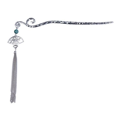 Chinese Style Hair Stick Retro Metal Hairpin Long Tassel Hair Fork Green Bead Fan Hair Stick Hanfu Headdress Hair Accessories for Women Girls