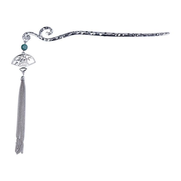 Chinese Style Hair Stick Retro Metal Hairpin Long Tassel Hair Fork Green Bead Fan Hair Stick Hanfu Headdress Hair Accessories for Women Girls