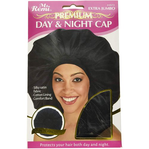 Annie - Ms. Remi Silky Satin Double Cotton - Lined Day and Night Cap - Comfort Elastic Band (Extra Jumbo - Black)