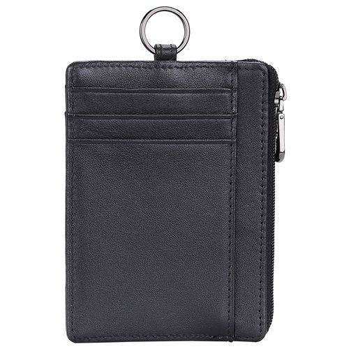 kinzd Slim Minimalist Zipper Credit Card Holder Leather Front Pocket Wallet with Keychain Ring Lanyard Strap