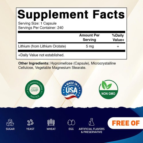 Vitamatic Lithium Orotate 5mg, 240 Veggie Capsules, Non-GMO, Gluten Free. - 2 Pack