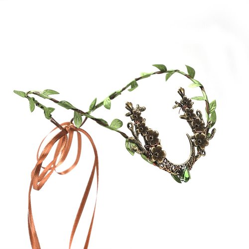 Bubbmi Elf Costume Flower Crown Headband with Bronze Moon, Cosplay Party Woodland Fairy Headpiece for Women Girls