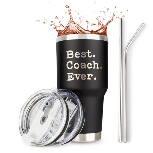 JENVIO Coach Gifts | Best Coach Ever | Stainless Steel Laser Etched Travel Tumbler Coffee Mug with 2 Lids and 2 Straws | Basketball Volleyball Wrestling Swimming Christmas (30 Ounce Black)