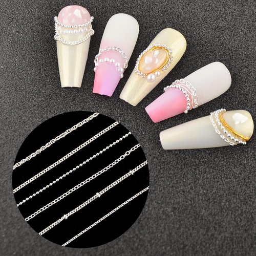 JERCLITY 1 Box 6 Strips Nail Chains for Nail Art Silver Alloy Metal Nail Art Chains Silver Nail Charms Punk Nail Studs Silver Caviar Beads Chain Jewelry Accessories for Women Nail Art