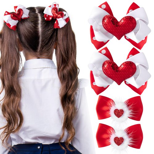 HINZIC 4PCS Heart Hair Bow Clips Red White Glitter Sequins Furry Bows Hair Pins Halloween Christmas Weddding Prom Engagement Valentines Accessories for Women Thin Hair