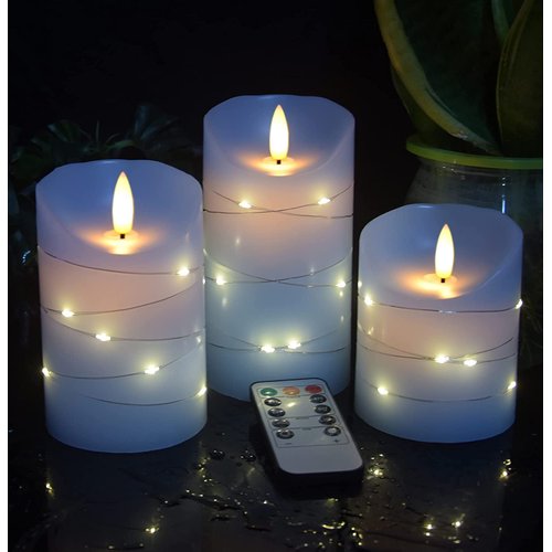 danip Sky Blue LED Flameless Candle, with Embedded Star String, 3-Piece Set of LED Candles, with 11 Button Remote Control, 24-Hour Timer Function, Dancing Flames, Real Wax, Battery Powered.