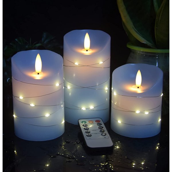 danip Sky Blue LED Flameless Candle, with Embedded Star String, 3-Piece Set of LED Candles, with 11 Button Remote Control, 24-Hour Timer Function, Dancing Flames, Real Wax, Battery Powered.