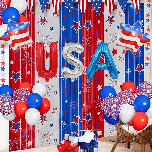 Red White and Blue Balloons Party Decorations with Patriotic Theme Foil Fringe Curtain for Graduation Party Supplies Nautical Veterans Memorial Day 4th of July Balloon Arch Decorations