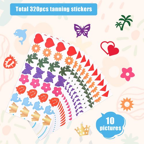 320pcs Tanning Stickers for Body, 9.8 x 5.5inch Self-Adhesive Tanning Sunbathing Stickers 8 Styles Tanning Bed Stickers Sun Tanning Sticker for Summer Beach Outdoor Party Supplies